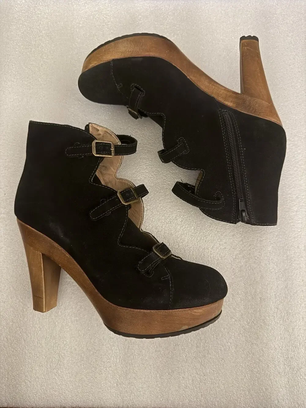 See by Chloe | Solfo Black Suede Leather Buckle Wood Platform Boho Booties 38 8